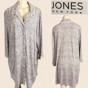 Jones New York Womens XL Oatmeal Print Button Front Sleep Shirt Nightgown NWT